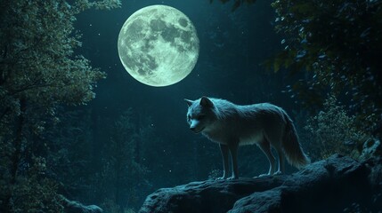  Wolf standing in dense forest under full moon, 3d illustration