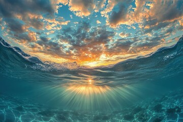 Poster - Sunset reflection over calm ocean waters with vibrant clouds creating a stunning twilight atmosphere at the beach