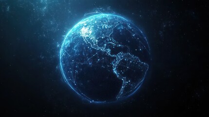 Wall Mural - Glowing blue digital rendering of Earth in space, with interconnected data lines
