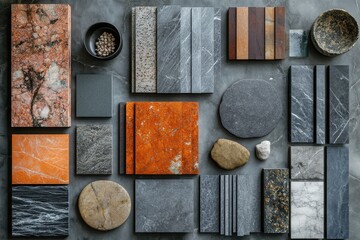 Fototapete - Diverse collection of stone and material samples showcasing various textures and colors arranged on a dark surface for design inspiration