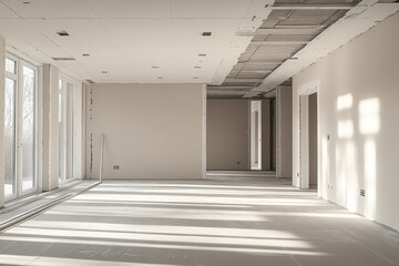 Poster - Natural light streams into an unfinished room with drywall and shadows on the floor in winter
