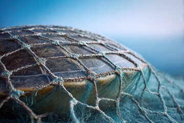 turtle shell stitched with plastic netting ocean background