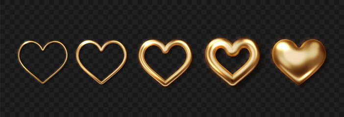 Wall Mural - realistic gold heart set. 3d metallic hearts in different styles and sizes. shiny love symbols for r