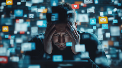 man overwhelmed by digital notifications. frustrated person holding head in hands surrounded by floa