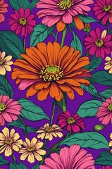 Wall Mural - Zinnias on purple background cartoonish seamless pattern
