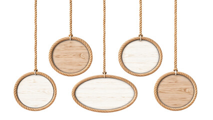 Set of wooden signs hanging on ropes, isolated PNG transparent background