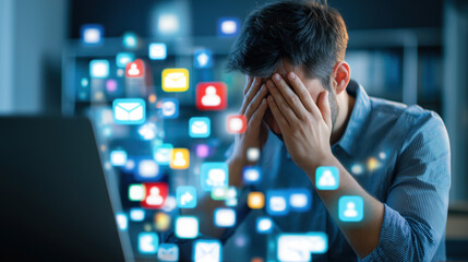 man overwhelmed by digital notifications. frustrated person holding head in hands surrounded by floa