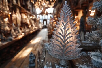 Poster - Small frosty evergreen tree on rustic wooden table with soft natural lighting, close-up winter decor.