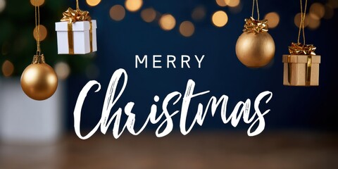 Wall Mural - Gold Christmas ornaments and wrapped presents hanging from strings on a white background.