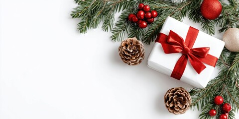 Wall Mural - Close-up of a gift box wrapped with a red ribbon and decorated with pine cones on a white background.