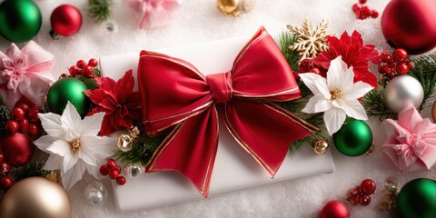 Wall Mural - White gift box with red bow and festive decorations on a white background, ideal for holiday themes.