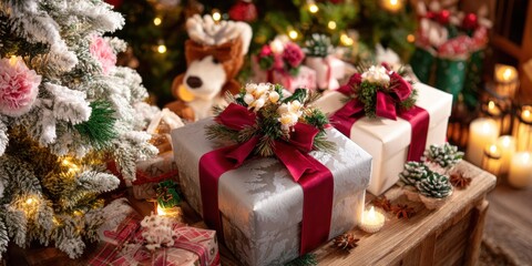Wall Mural - White gift boxes wrapped with red ribbons stacked together on a white background, perfect for holiday or celebration the