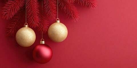 Wall Mural - Three colorful Christmas ornaments hanging from a green tree branch in natural daylight.