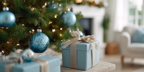 Wall Mural - Two blue gift boxes with bows and ornaments on a wooden table, festive holiday decoration.