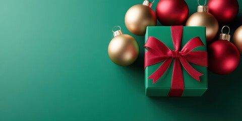 Wall Mural - Green gift box with red ribbon and Christmas ornaments on a matching green background.