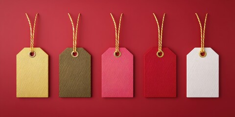 Wall Mural - Four colorful tags hanging on a string against a vibrant red background, perfect for decoration or labeling.