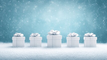 Wall Mural - Three white gift boxes with white bows arranged in a row on a clean white background.
