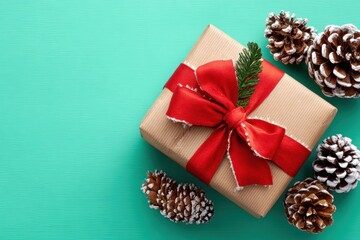 Wall Mural - Close-up of a gift wrapped with red ribbon and decorated with natural pine cones on a neutral background.
