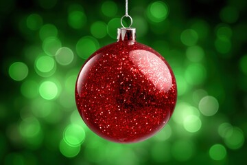 Wall Mural - Close-up of a red Christmas ornament hanging by a string on a blurred light background.