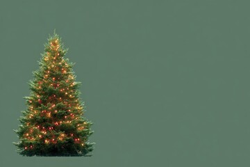 Wall Mural - Illuminated Christmas tree decorated with warm lights against a solid green background, festive holiday decor.