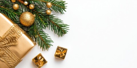 Wall Mural - Christmas gifts and gold ornaments arranged on a clean white background for festive holiday decor.