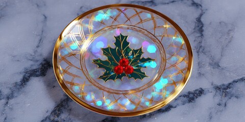 Wall Mural - Close-up of a white plate with a green holly leaf on a white marble surface, minimal holiday decor.