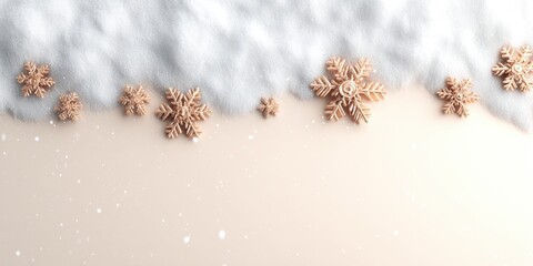 Wall Mural - Close-up of snowflakes scattered on the ground with a soft, white winter background.
