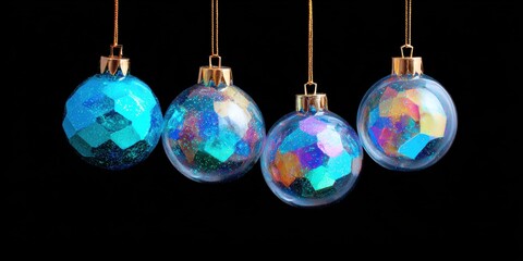 Wall Mural - Three blue and green glass ornaments hanging from a gold chain on a white background.