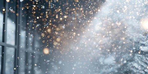 Wall Mural - snowflakes falling outside a window at night with dark sky and soft indoor lighting.