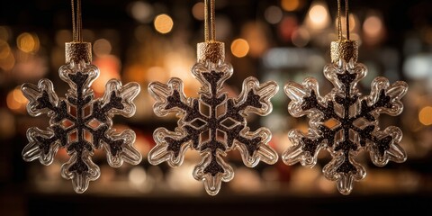Wall Mural - three transparent snowflake ornaments hanging from a string on a wooden table with soft natural ligh