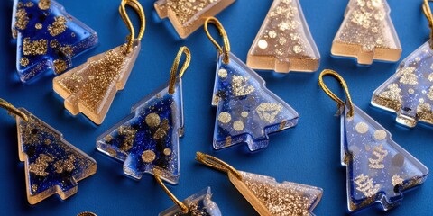 Wall Mural - Various colorful Christmas ornaments arranged on a vibrant blue surface, showcasing festive holiday decor.