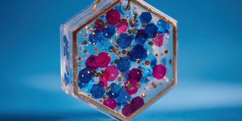 Wall Mural - Close-up of a glass ornament featuring blue and pink swirled design on a white background.