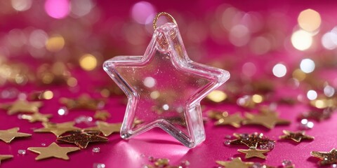 Wall Mural - Transparent star-shaped glass ornament on a soft pink surface with bright studio lighting.