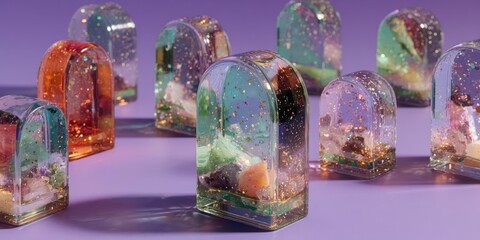 Wall Mural - Multiple glass snow globes with colorful snowflakes inside, displayed on a white surface with soft lighting.