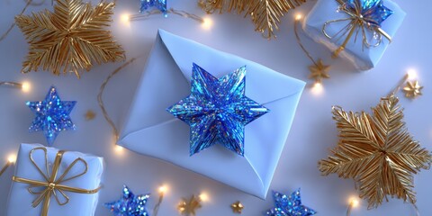 Wall Mural - Multiple presents wrapped in blue, gold, and silver paper arranged on a white surface.