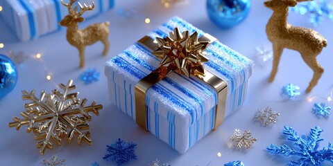 Wall Mural - Gift box with blue and white stripes wrapped in gold bow on white background, studio lighting.