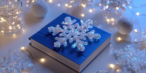 Wall Mural - closed book with a white snowflake decoration on top, set on a light surface, minimalistic winter th