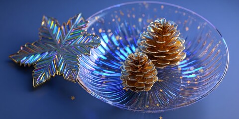 Wall Mural - Three brown pine cones in a clear glass bowl with a white snowflake decoration on a white background.
