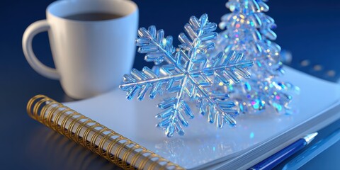 Wall Mural - close-up of a delicate snowflake resting on a notebook beside a steaming cup of coffee on a wooden t