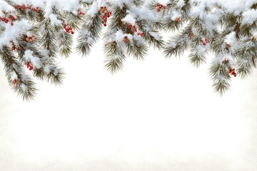 Wall Mural - Snow-covered branch with red berries against a blurred winter background in soft daylight.