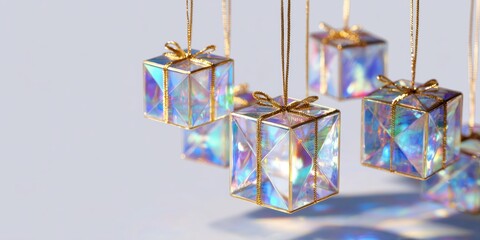 Wall Mural - Small glass gift boxes with gold bows hanging against a white background, perfect for holiday decor.