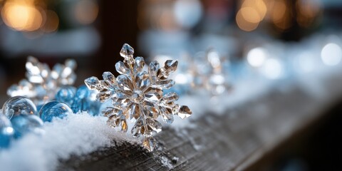 Sticker - Close-up of a delicate snowflake resting on a textured wooden bench in soft daylight.