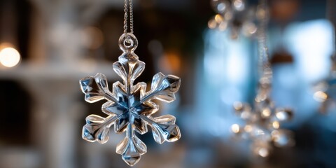 Wall Mural - Clear crystal snowflakes hanging from a chain, sparkling against a bright, blurred background.
