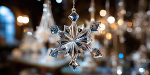 Wall Mural - white snowflake ornament hanging from string indoors with soft natural light and neutral background.