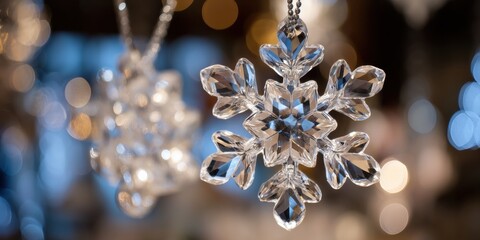 Wall Mural - Clear crystal snowflakes hanging on a string against a white background, bright winter decoration.