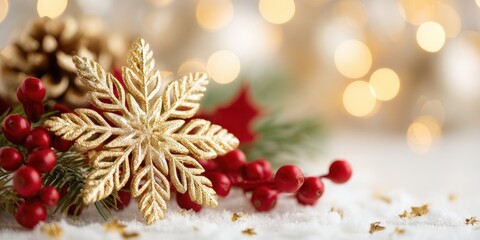 Wall Mural - close-up of a white snowflake ornament and brown pine cones on a wooden table with soft natural ligh