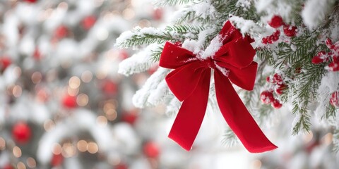 Wall Mural - Red bow ornament hanging on a snow-covered evergreen tree branch in a winter outdoor setting.