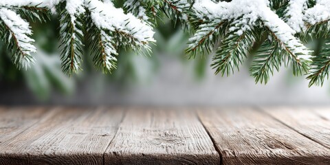 Wall Mural - close-up of a wooden table partially covered with fresh white snow outdoors in daylight.
