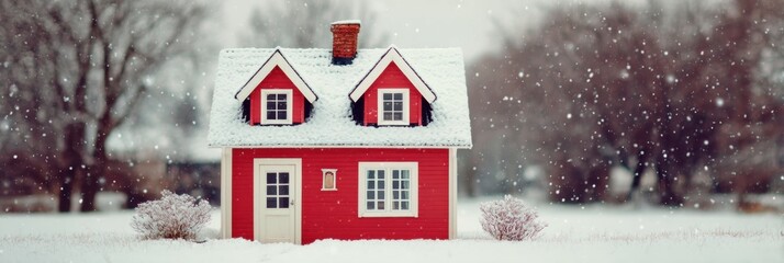Wall Mural - Red house with two windows surrounded by snow under a clear sky, winter daytime scene.