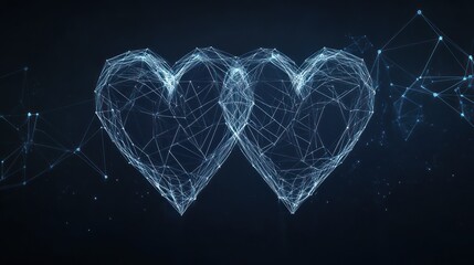 Wall Mural - Two connected hearts form from a web of lines on a dark blue background